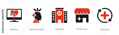 A set of 5 Health Checkup icons as monitor, mental health, hospital