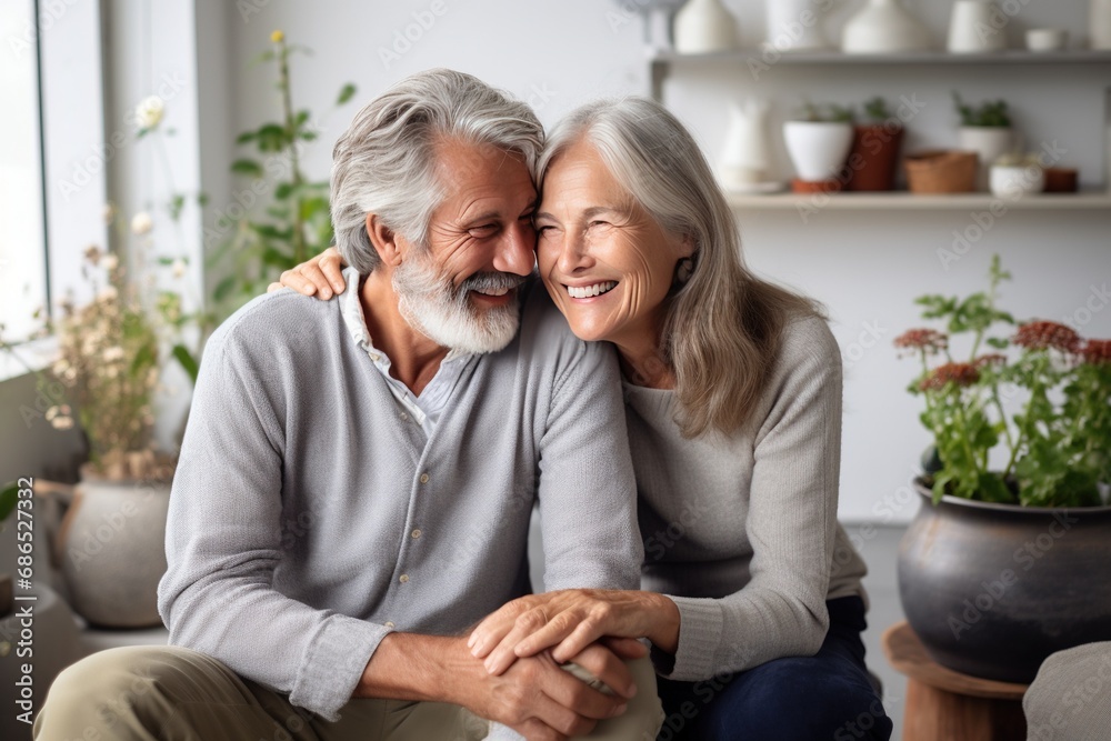 Joyful Elders: Senior Couple Relaxing in Living Room Bliss The couple senior couple smiles and talks on sofa in the living room Joyful Elders: Senior Couple Relaxing in Living Room Bliss The couple senior couple smiles and talks on sofa in the living room
