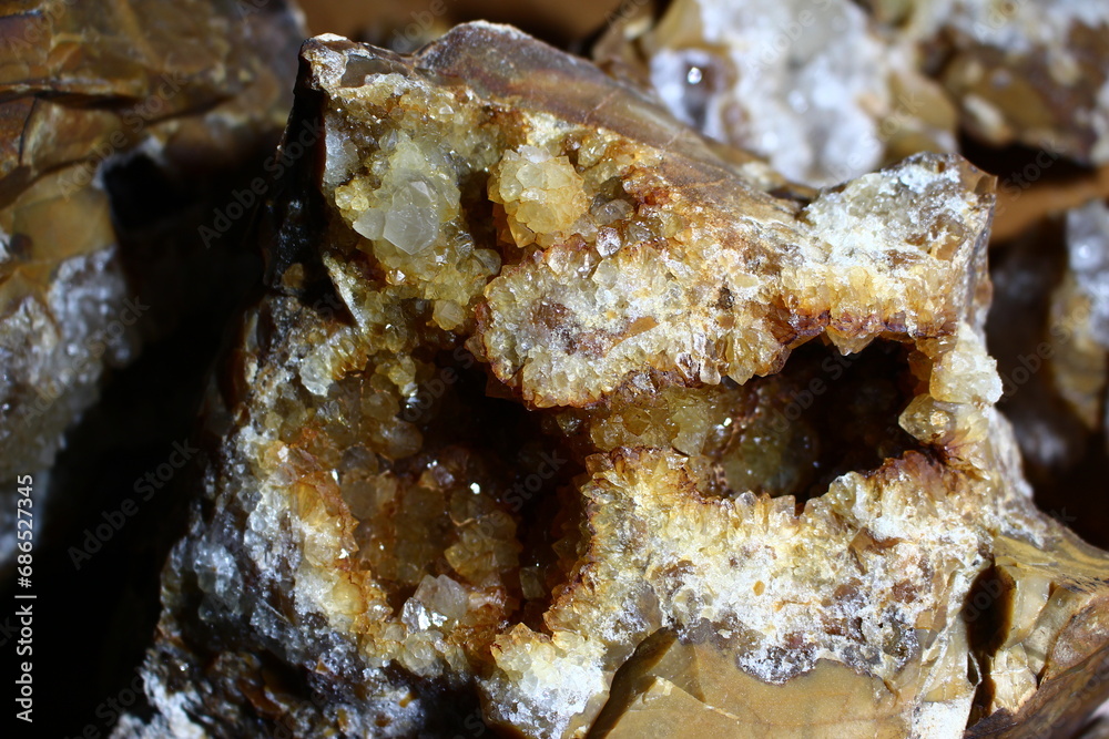 Geodes with quartz and citrine crystals on flint Geodes with quartz and citrine crystals on flint