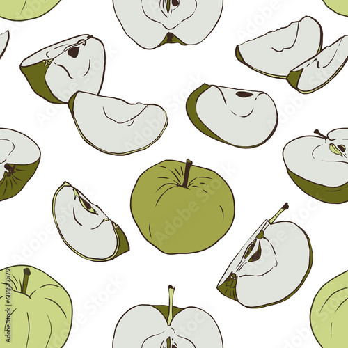 Fototapeta Naklejka Na Ścianę i Meble -  Seamless pattern of hand-drawn sketches with apples. Illustrations with whole and cut fruits.