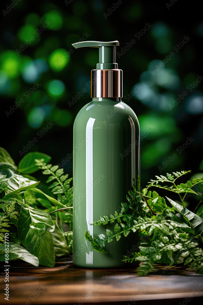 Green jar with a dispenser for organic and natural cosmetics on a wooden podium against the background of branches made of leaves. Layout for logo and label application Green jar with a dispenser for organic and natural cosmetics on a wooden podium against the background of branches made of leaves. Layout for logo and label application
