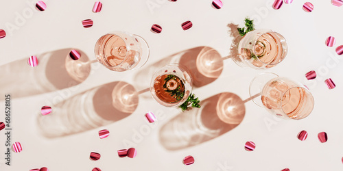 Sticker Rose wine in champagne glasses, Winter Holidays party concept, banner, Christmas green tinsel and pink confetti as decoration