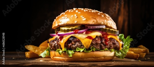 Delicious burger with beef  turkey  and cheese