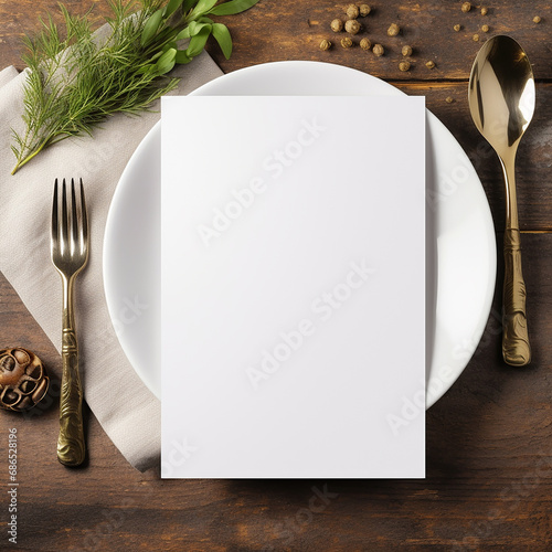 White blank sheet of paper on a plate menu mockup invitation mockup business card or letter mocku photo