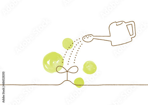 芽とジョウロの水彩と線画の手描きイラスト　01