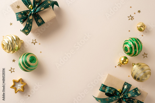 Festive splendor idea. Top view of handcrafted paper gift boxes, lavish baubles, star shaped candle, tinkling bells, gold confetti on muted beige surface with space for advertising copy