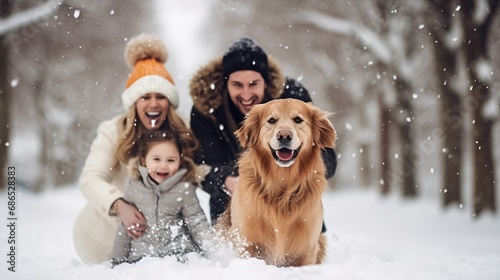 Happy family walking their pet golden retriever in the winter forest outdoors. Active Christmas holidays.