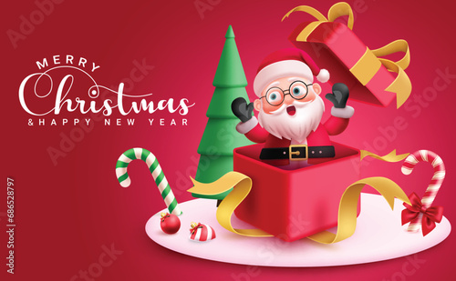 Christmas santa claus character vector design. Merry christmas and happy new year greeting card with santa claus character in open surprise gift box for holiday season red background. Vector 