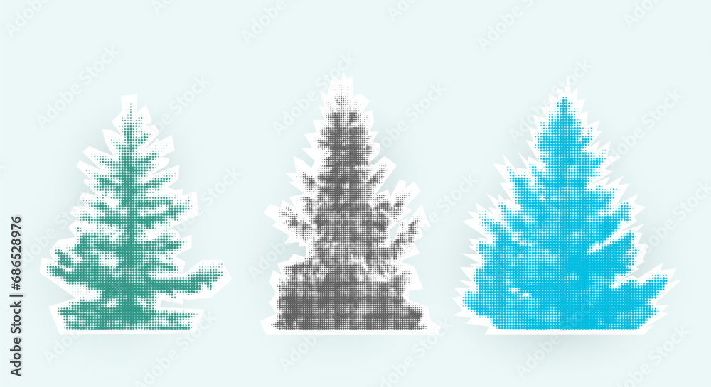 Set of Christmas tree isolated halftone design elements. Vector trendy illustration in dot like pop art. Collection of christmas tree in halftones treatment for collage on white background.