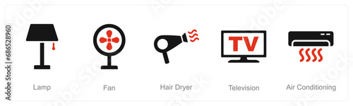 A set of 5 Home Appliance icons as lamp, fan, hair dryer
