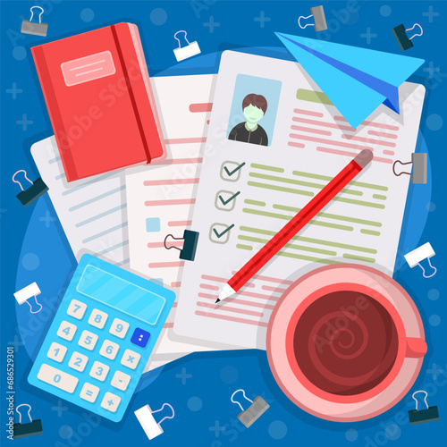 illustration of office equipment and applicant and contract documents such as books and note paper, pens and paper clips, calendar icons, glasses and clocks