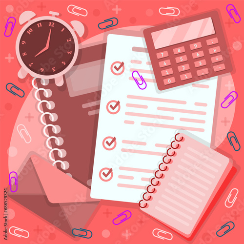 illustration of office equipment and applicant and contract documents such as books and note paper, pens and paper clips, calendar icons, glasses and clocks