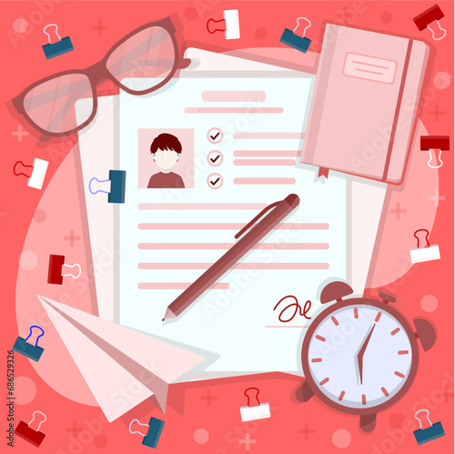illustration of office equipment and applicant and contract documents such as books and note paper, pens and paper clips, calendar icons, glasses and clocks