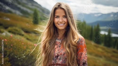 blonde norwegian young woman wearing a colorful top - outdoor portrait