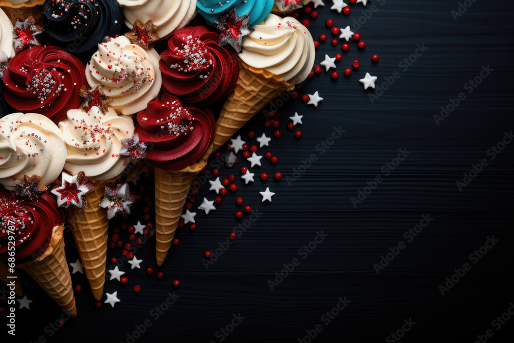 Concept of celebrating America's Independence Day on July 4th. Top view flat image of a card of ice cream in a waffle cone in the colors of the national flag of blue, red, white balls with stars