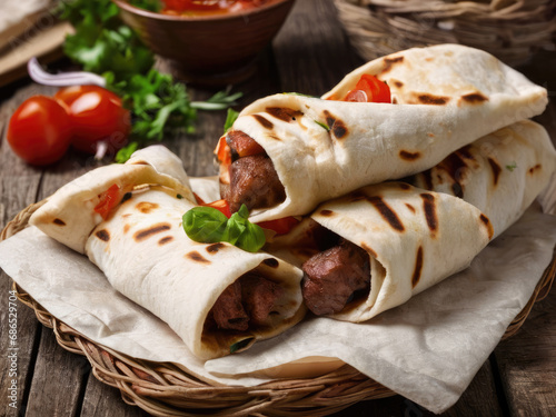 Hot pieces of meat from a barbecue on wheat pita bread. A fresh snack with greens and vegetables inside. An advertising look for fast food