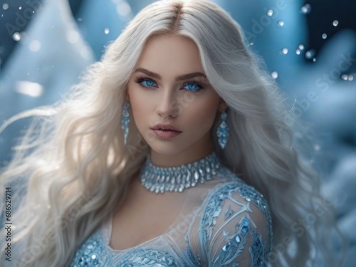 Portrait of a beautiful blonde woman in jewelry. Snow queen