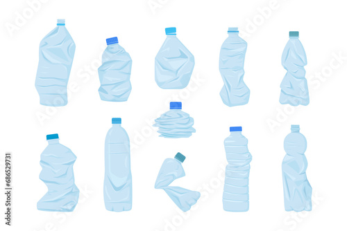crumpled plastic bottles. Unhygienic broken garbage rubbish trash refuse water bottles, environment contamination recycling wastes. vector cartoon minimalistic objects collection. © alex_cardo