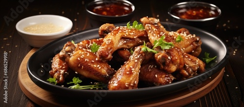 Asian-style chicken wings with homemade honey garlic sauce and a side of dipping sauce.