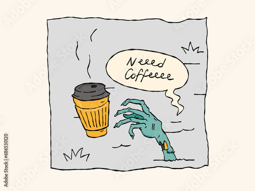 Coffee cup and zombie hand
