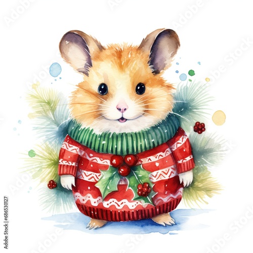 Generative AI, cute hamster animal, pet in Christmas hat and ugly sweaters, watercolor style. photo
