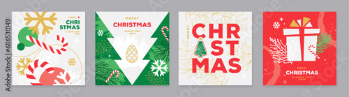 Set of Merry Christmas holiday typography greeting cards or covers in modern minimalist style. Vector illustration