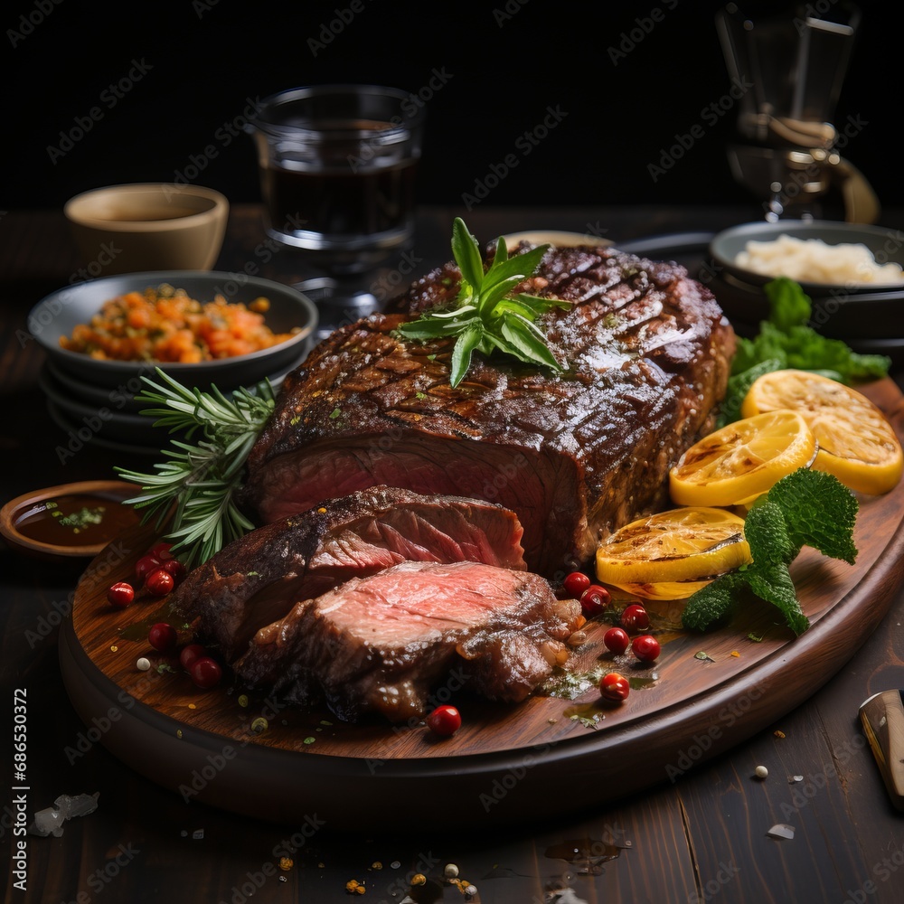 Grilled appetizing steak on a platter, cut into portions, restaurant serving. Concept: holiday menu, high-calorie protein food
Grilled appetizing steak on a platter, cut into portions, restaurant serving. Concept: holiday menu, high-calorie protein food