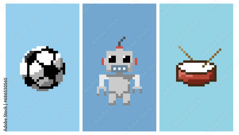 Naklejka premium Drum, robot, soccer, ball kid toys pixel art