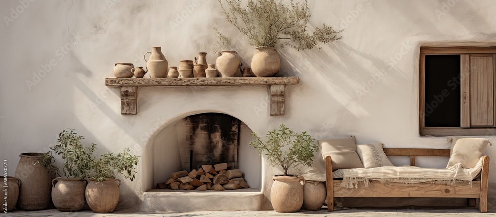 Obraz premium Greek house has a vintage fire feature