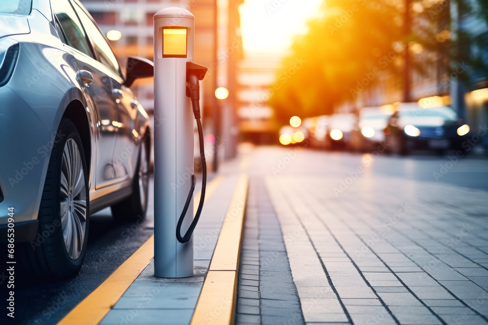 Electric car charging station on the street. Availability and environmental friendliness. No emissions. Charging station illumination.