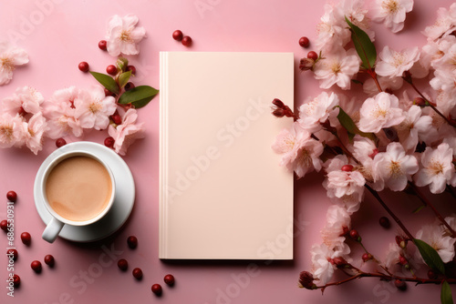 Flat lay of book with an empty pink mock up cover and flowers with a cappuccino cup on the background