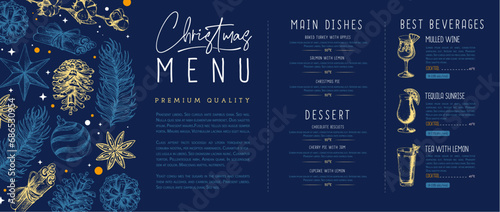 Restaurant Christmas holiday menu design with christmas floral desoration. Vector illustration