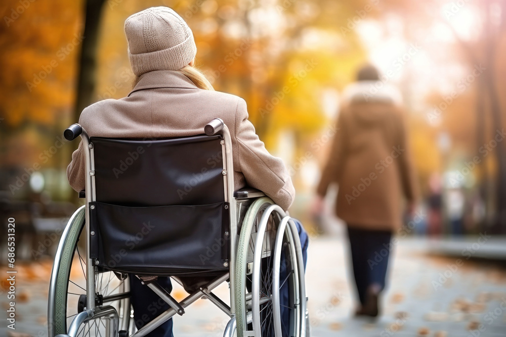 Obraz premium An elderly person with disabilities in a wheelchair in an autumn park. Old age. Walking in a wheelchair in the park.