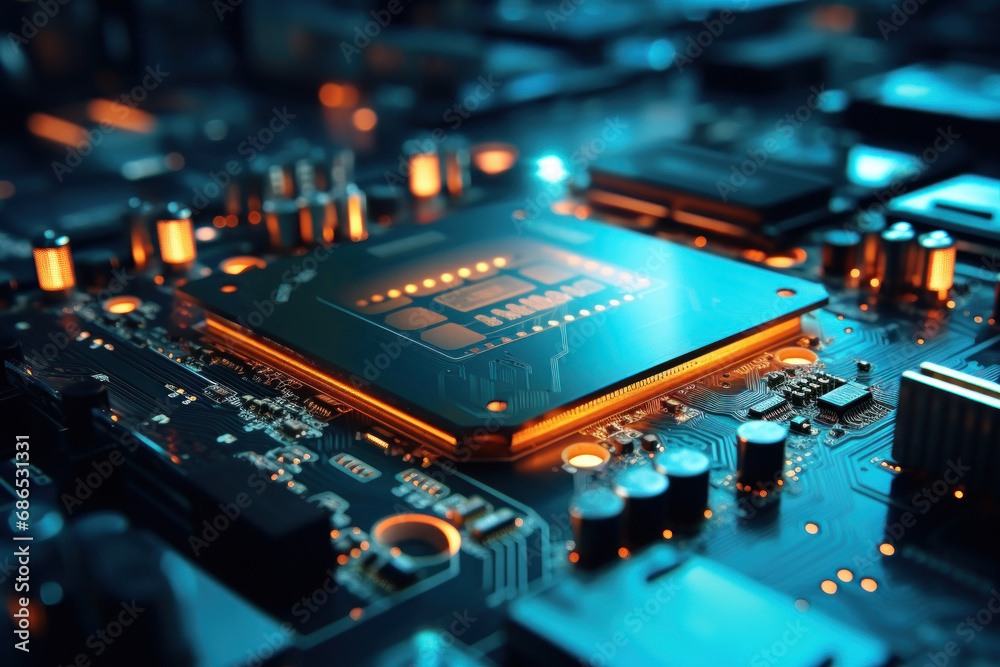 Close-up of an electronic board with a processor or chip. Development of computer technologies. Modern electronics production. Close-up of an electronic board with a processor or chip. Development of computer technologies. Modern electronics production.