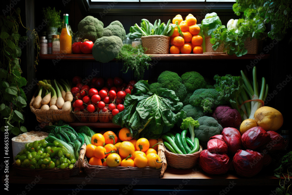 Fresh fruits and vegetables on the counter in the store