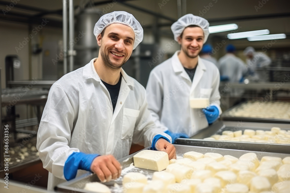 Photo of two men cooking together in a kitchen. Industrial cheese production plant. Modern technologies. Production of different types of cheese at the factory.