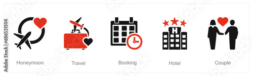 A set of 5 Honeymoon icons as honeymoon, travel, booking