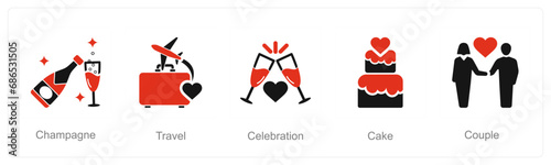 A set of 5 Honeymoon icons as champagne, travel, celebration