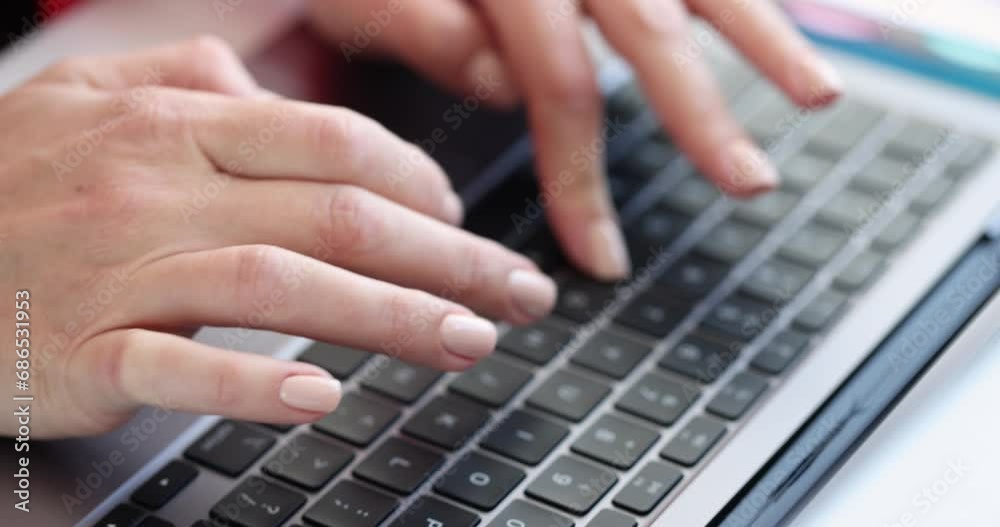 Female hands typing on laptop keyboard closeup 4k movie slow motion. Online work concept Female hands typing on laptop keyboard closeup 4k movie slow motion. Online work concept