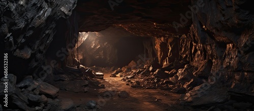 Collapsed mine tunnel in Karmadon gorge, dark and dirty.