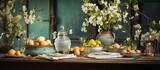 Prepare table for 4 people in rustic country house to celebrate Happy Easter in spring