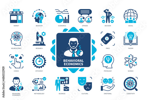 Behavioral Economics icon set. Market, Neuroscience, Psychology, Cognitivity, Emotional, Social, Decision, Research. Duotone color solid icons
