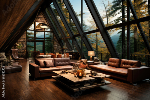 Interior of a modern chalet in the forest in the mountains photo