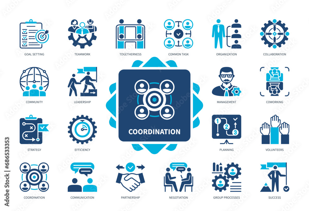 Coordination icon set. Goals, Collaboration, Management, Common Task, Partnership, Strategy, Teamwork, Leadership. Duotone color solid icons - obrazy, fototapety, plakaty 