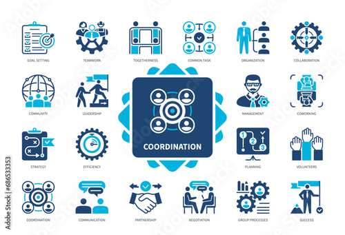 Coordination icon set. Goals, Collaboration, Management, Common Task, Partnership, Strategy, Teamwork, Leadership. Duotone color solid icons