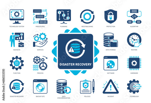 Disaster Recovery icon set. Incident, Backup Site, Procedures, Planning, Data Storage, Reestablishing, Technology System, Data Synchronization. Duotone color solid icons
