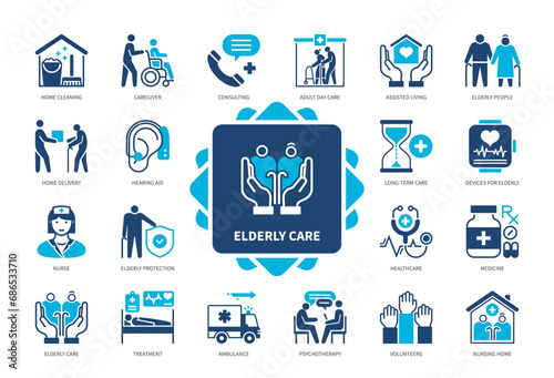 Elderly Care icon set. Long-Term Care, Caregiver, Assisted Living, Psychotherapy, Consulting, Ambulance, Home Cleaning, Nursing Home. Duotone color solid icons photo