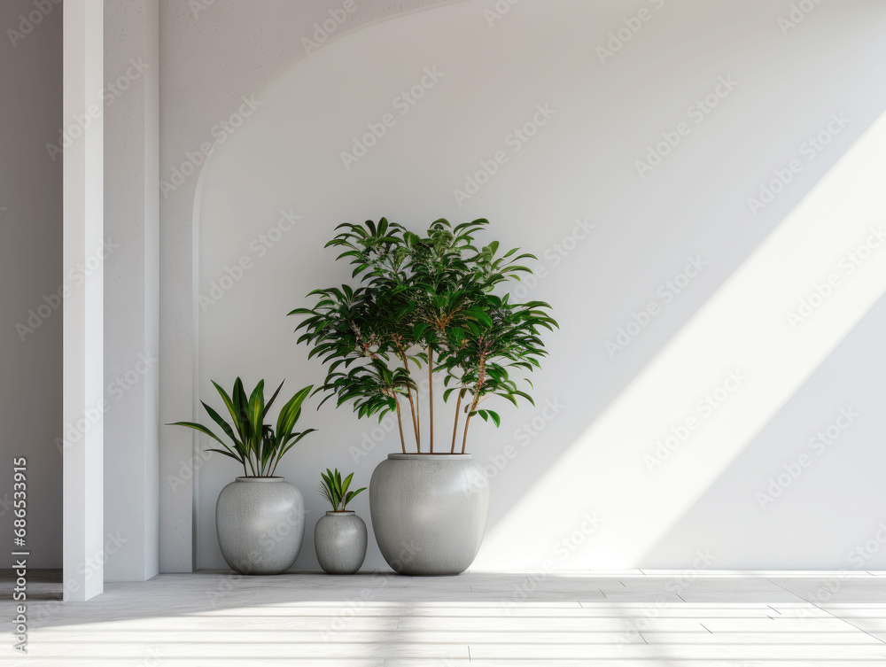 Three potted plants of varying sizes against a clean, white minimalist interior with sunlight casting a sharp shadow
