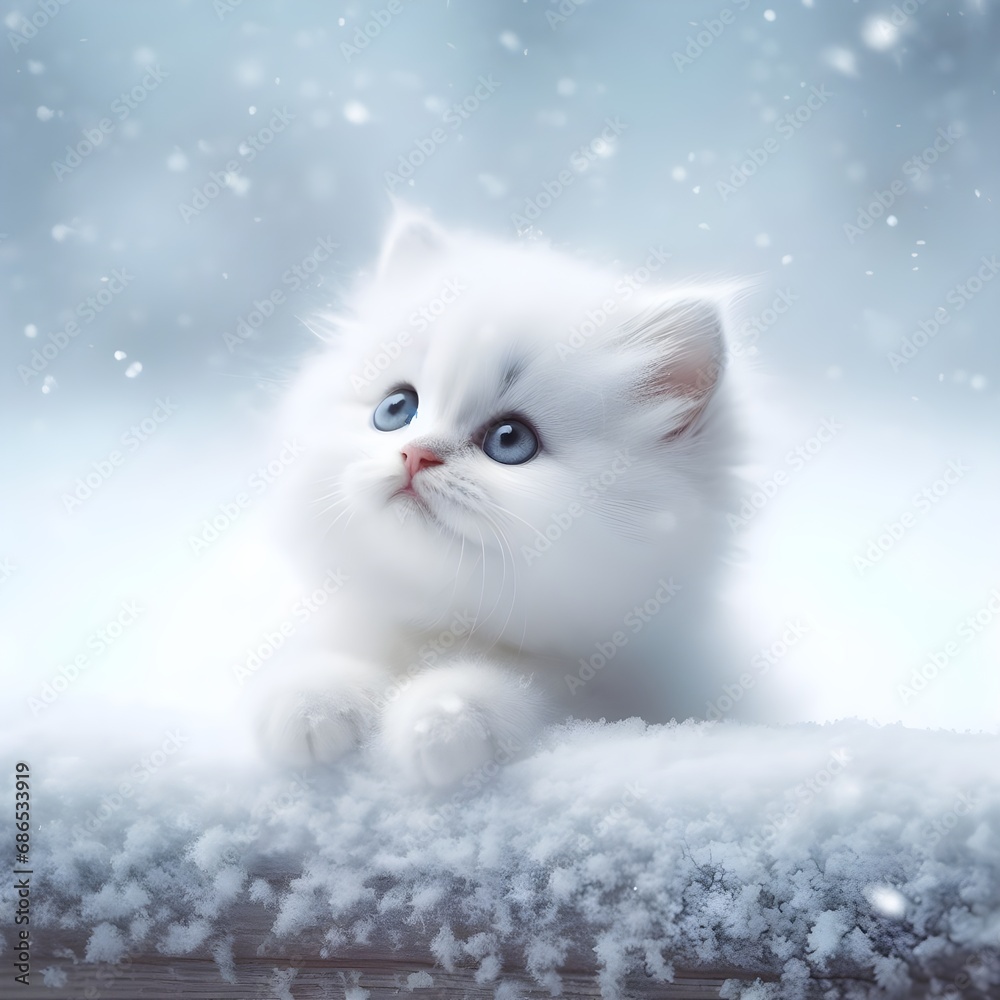 Cute little kitten looks at the falling snow