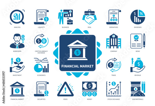 Financial Market icon set. Securities, Risks, Stock Exchange, Cryptocurrency Exchange, Dividend, Trade, Analysis, Revenue. Duotone color solid icons